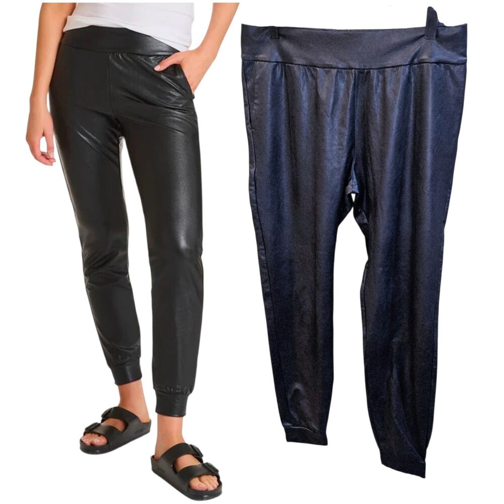 COMMANDO Sz L Black Pull On Hi Waist Faux Leather Chic Boho Jogger Pants Stretch